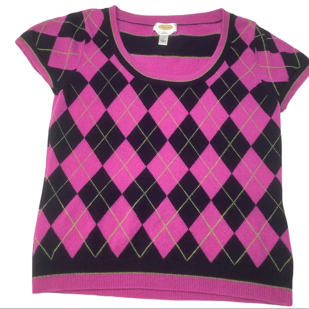 Talbots 100% Cashmere Argyle & Striped Preppy Trend Short Sleeve Sweater Large
